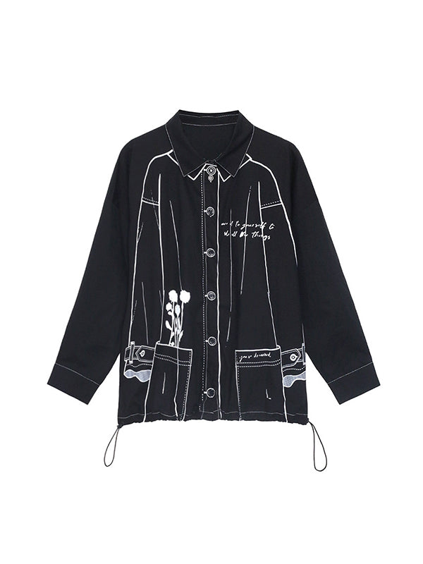 xakxx Casual Contrast Color Printed Drawstring Blouse Top