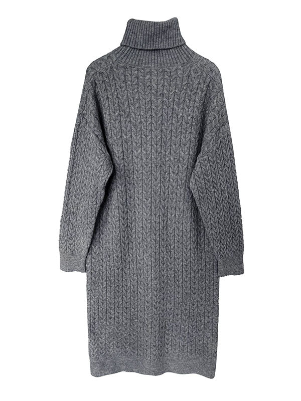 xakxx Stylish Loose Long Sleeves Solid Color High-Neck Twist Sweater Dresses