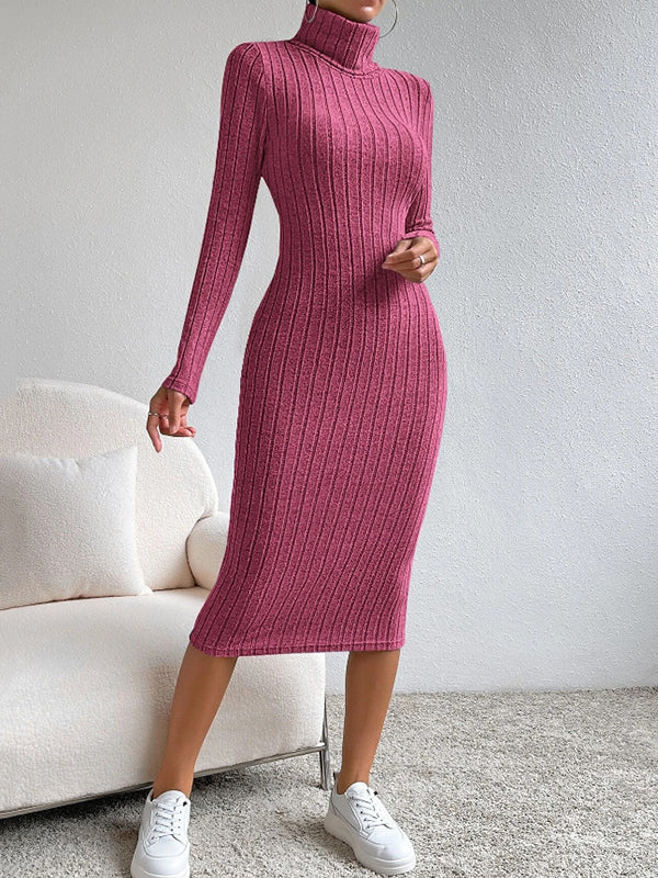 xakxx Long Sleeves Skinny Solid Color Split-Joint High Neck Midi Dresses Sweater Dresses