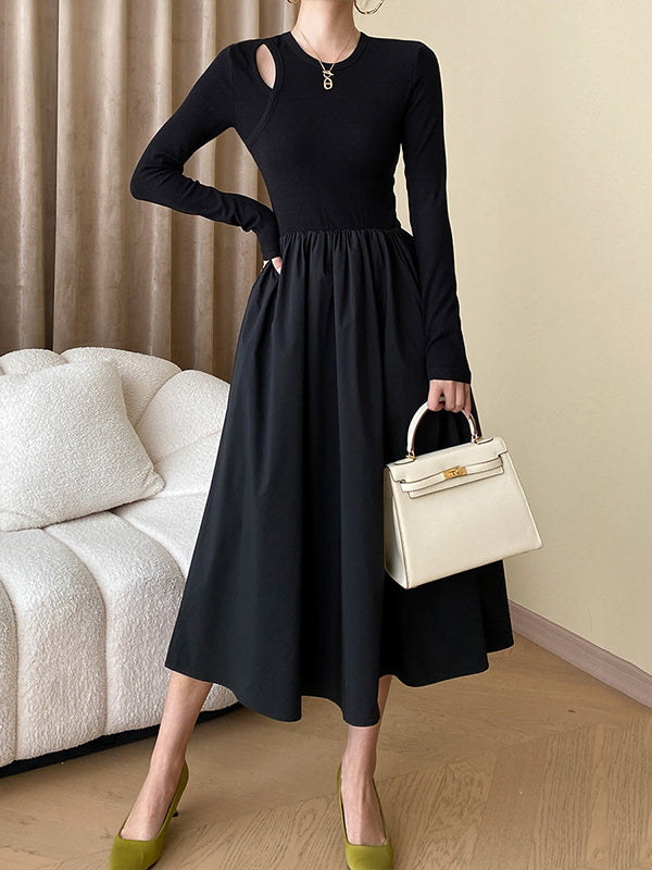 xakxx A-Line Long Sleeves Elasticity Hollow Solid Color Split-Joint Round-Neck Midi Dresses