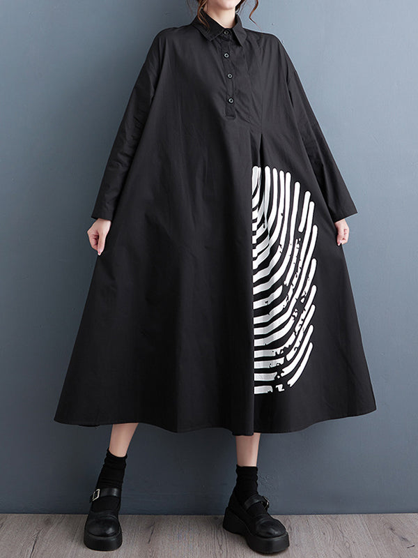 xakxx A-Line Long Sleeves Asymmetric Buttoned Pleated Printed Split-Joint Lapel Midi Dresses Shirt Dress