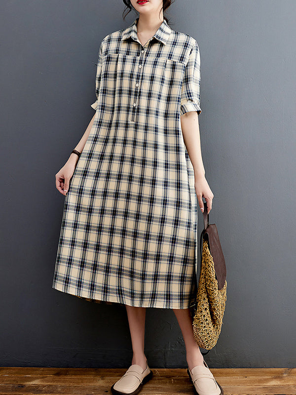 xakxx Half Sleeves Loose Plaid Lapel Midi Dresses