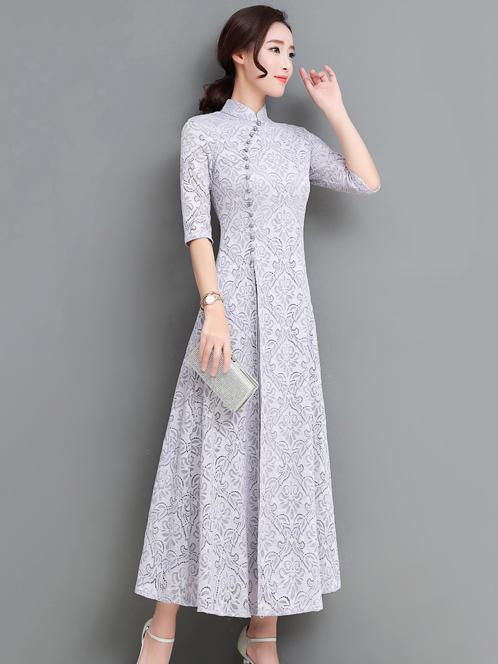 xakxx Gray&Coffee Lace A-line Long Cheongsam Ao Dai