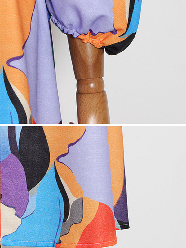 xakxx Original Puff Sleeves Loose Contrast Color Printed Deep V-Neck Maxi Dresses