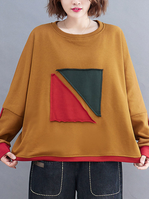 xakxx Artistic Retro Loose Triangle Applique Contrast Color Round-Neck Long Raglan Sleeves Sweatshirt