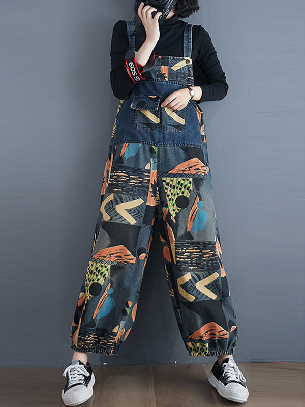 xakxx Original Cartoon Printed With Pocket Harem Denim Overalls