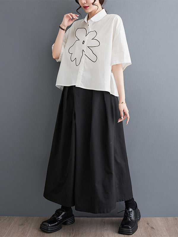 xakxx Loose Short Sleeves Floral Printed Lapel Blouses