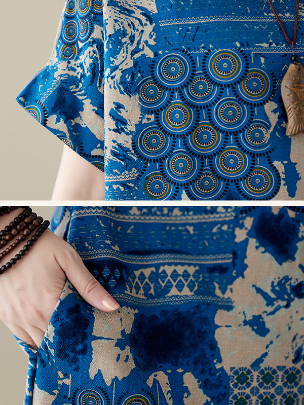 xakxx Original Loose Short Sleeves Contrast Color Printed Round-Neck Midi Dresses