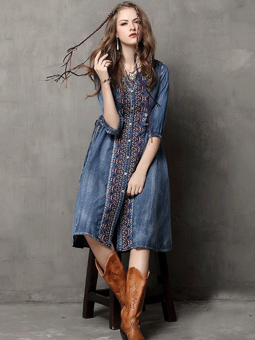 xakxx Vintage Oversize Embroidery Denim Dress
