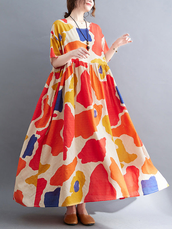 xakxx Artistic Retro Short Sleeves Loose Contrast Color Printed Round-Neck Midi Dresses