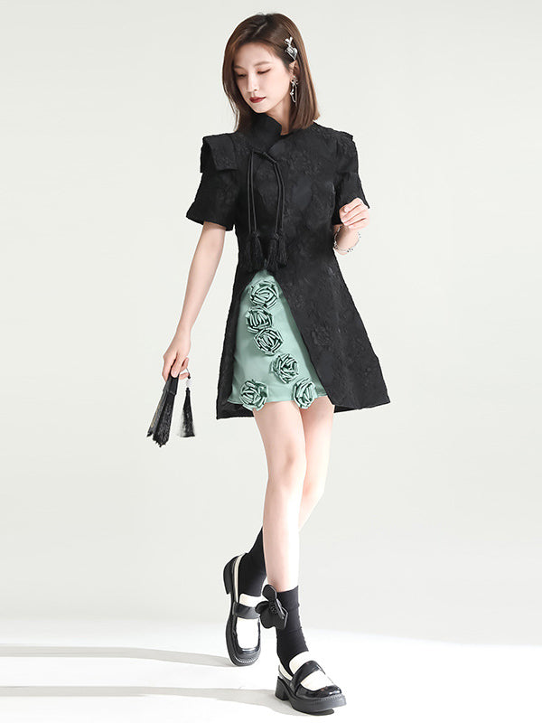 xakxx Vintage Contrast Color Applique Embroidered Short Cheongsams Mini Dress