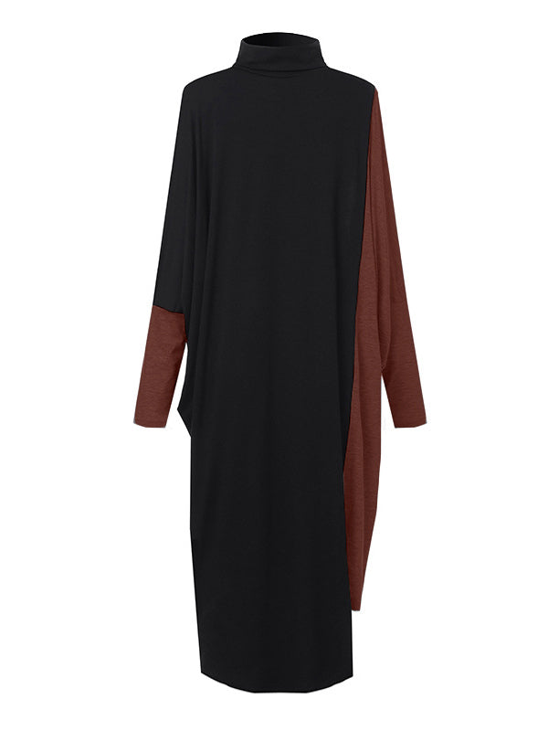 xakxx Casual Loose Split-Joint Contrast Color High-Neck Long Sleeves Dress