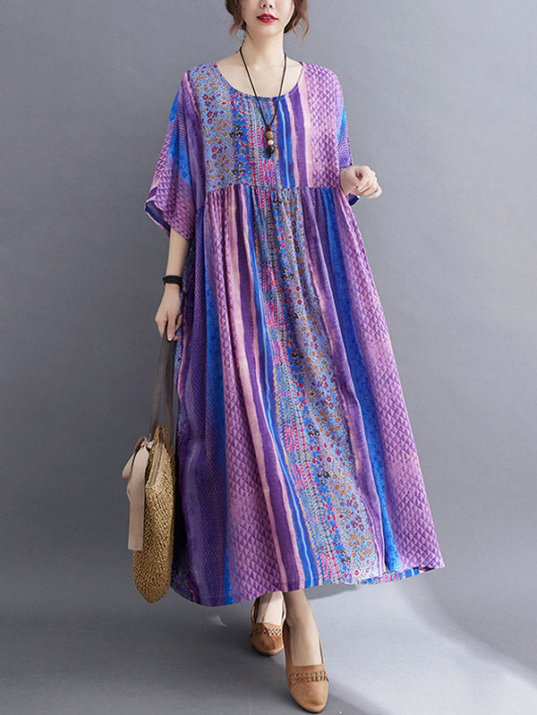 xakxx Vintage Side Pocket Striped Floral Printed Midi Dress