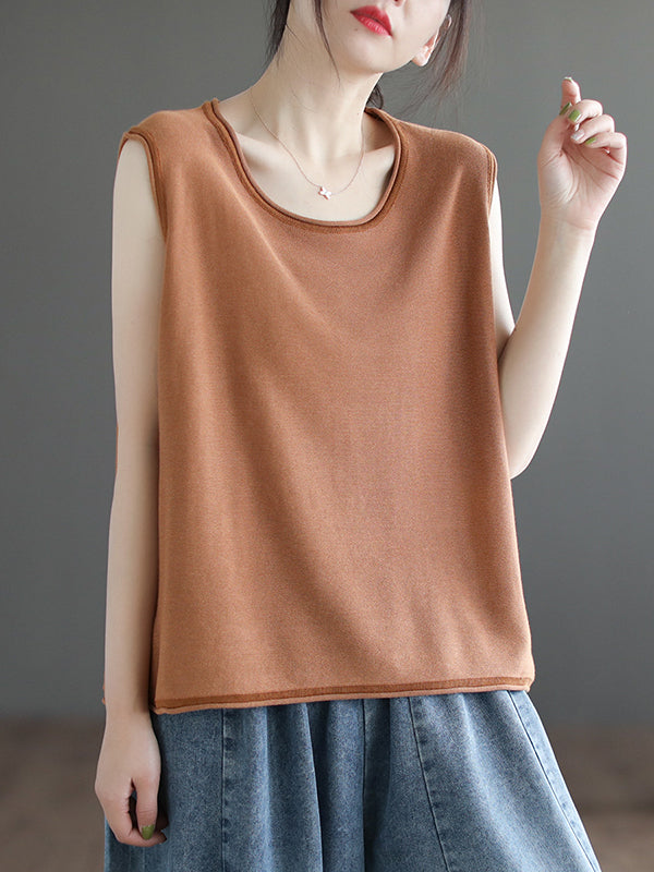 xakxx Loose Sleeveless Solid Color Round-Neck Knitting Vest Top