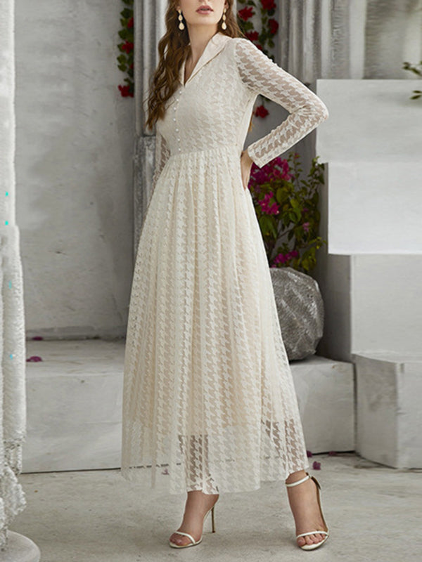 xakxx High Waisted Long Sleeves Buttoned Gauze See-Through Solid Color V-Neck Maxi Dresses