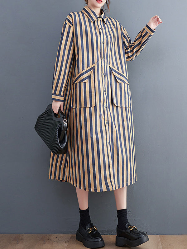 xakxx Original Loose Long Sleeves Buttoned Striped Lapel Collar Midi Shirt Dresses