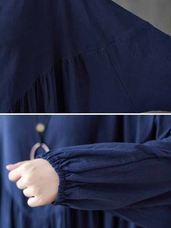 xakxx Loose Puff Sleeves Pleated Solid Color Stand Collar Midi Dresses