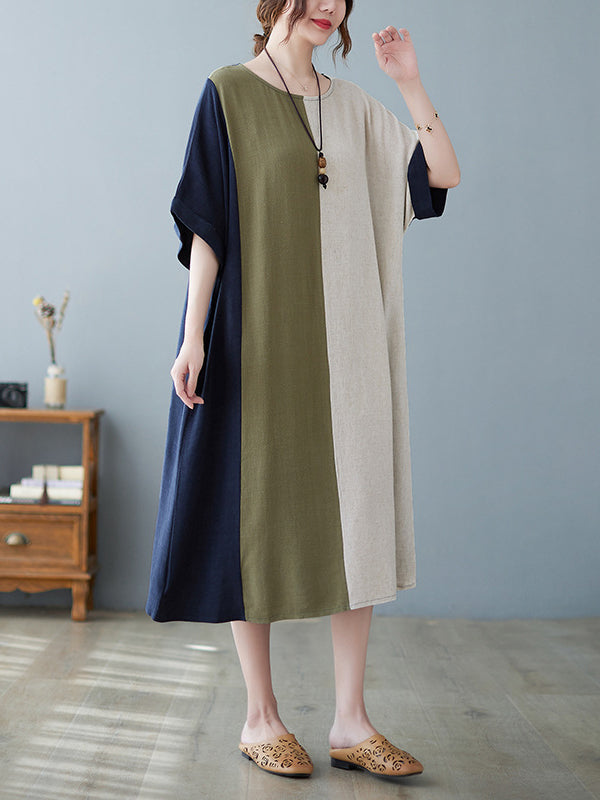 xakxx Half Sleeves Loose Contrast Color Round-Neck Midi Dresses