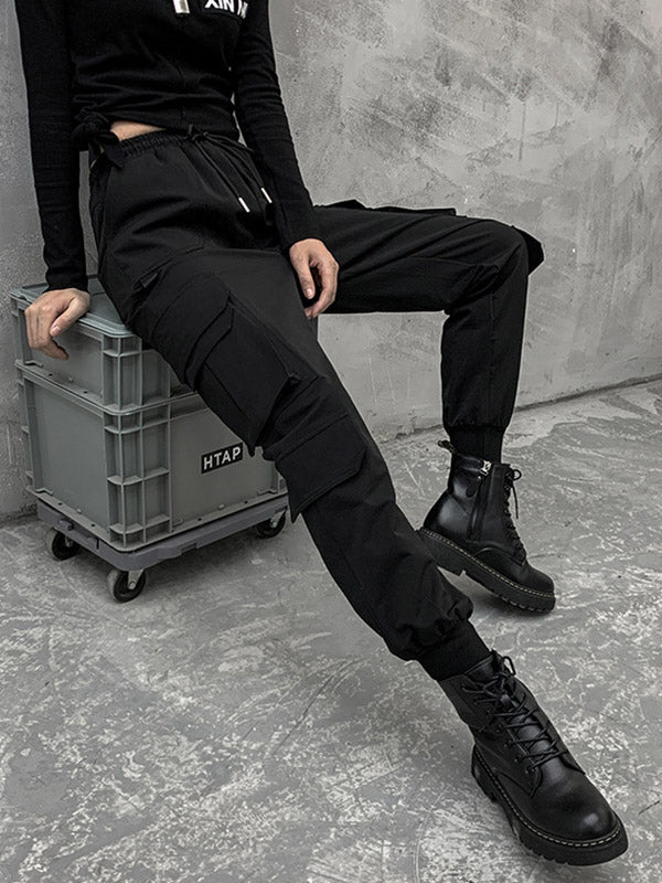 xakxx Stylish Drawstring Punk Empire Black Casual Overalls Pants