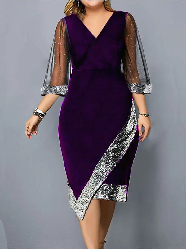 xakxx Bodycon Wrap Contrast Color Mesh Sequined Split-Joint V-Neck Midi Dresses