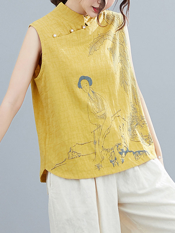 xakxx Artistic Retro Chinese-Style Printed Buttoned Stand Collar Sleeveless Vest