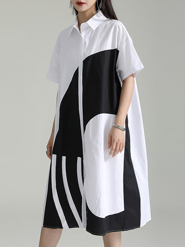 xakxx Loose Short Sleeves Asymmetric Contrast Color Split-Joint Lapel Midi Dresses Shirt Dress