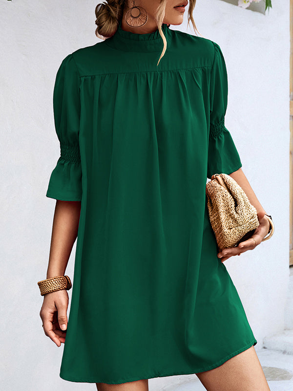 xakxx Half Sleeves Loose Solid Color High-Neck Mini Dresses