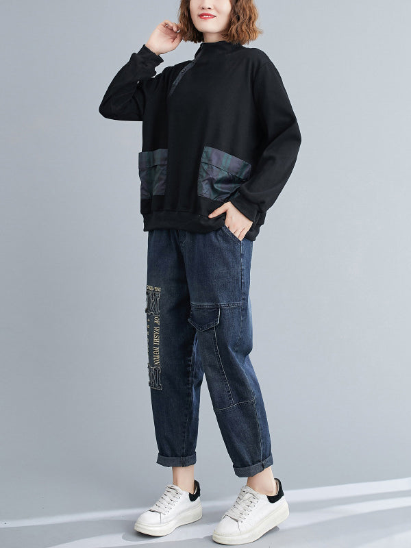 xakxx Simple Long Sleeves Loose Split-Joint Solid Color High-Neck Sweatshirt Tops