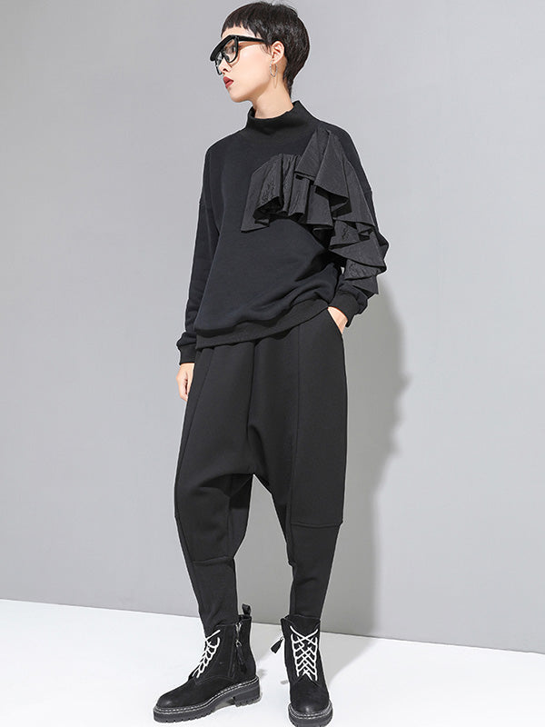 xakxx Stylish Black Velvet Split-Joint Harem Pants