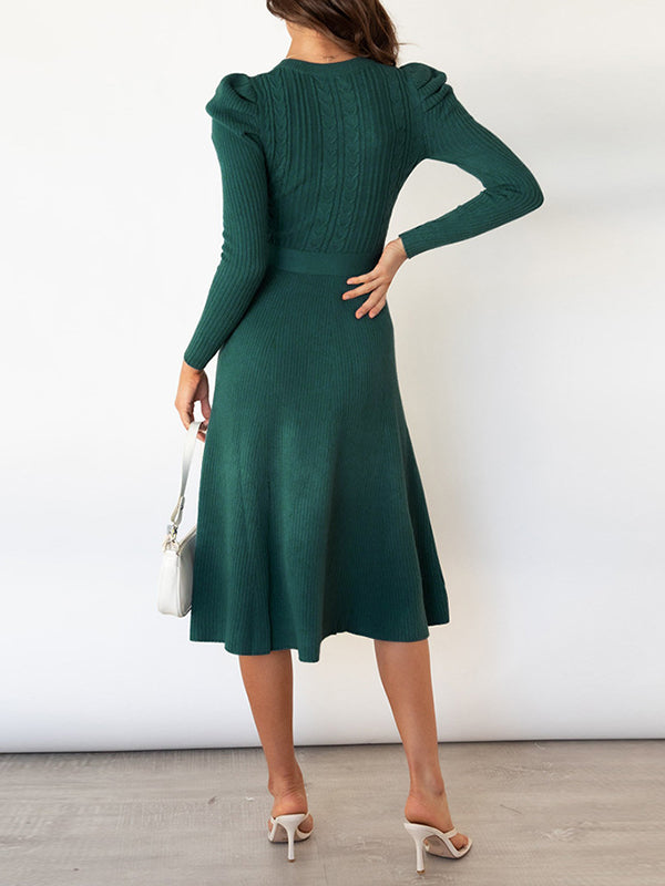 xakxx High Waisted Long Sleeves Solid Color Tied Waist Round-Neck Midi Dresses Sweater Dresses