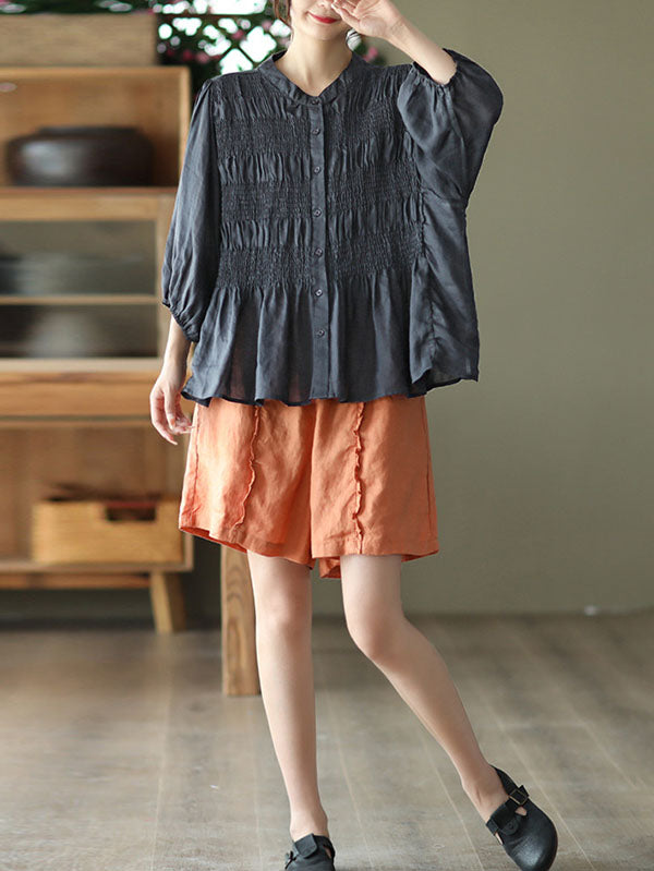 xakxx Loose Three-Quarter Sleeves Pleated Solid Color Split-Joint Stand Collar Blouses&Shirts Tops