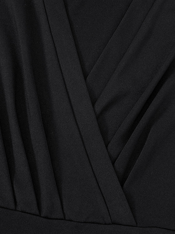xakxx A-Line Long Sleeves Gauze Pleated Split-Joint V-Neck Midi Dresses
