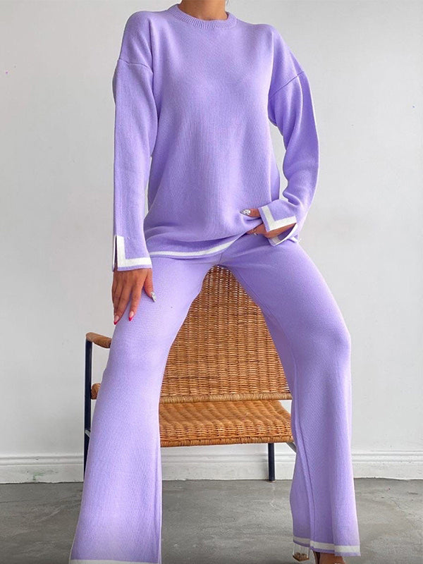 xakxx xakxx-Urban Loose Contrast Color Long Sleeves Round-Neck Sweater Tops & Pants Suits