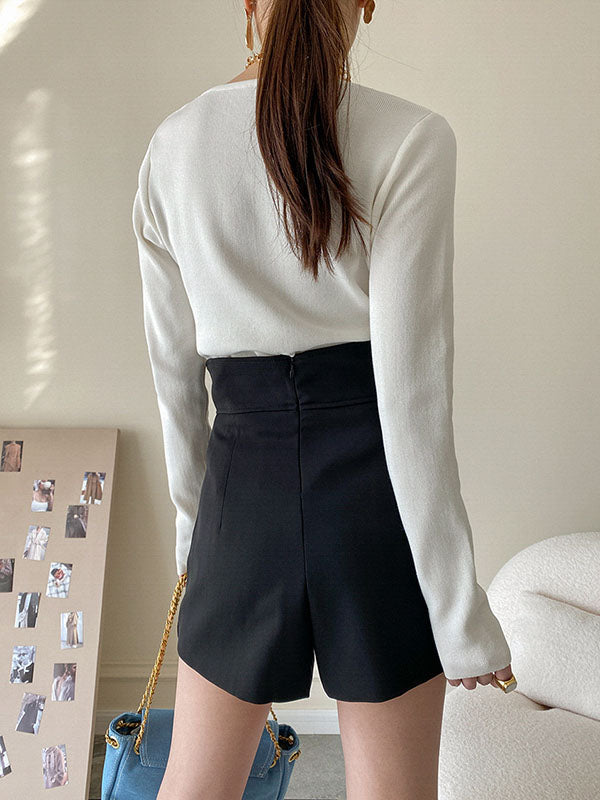 xakxx High Waisted Irregular Clipping Solid Color Culotte Shorts Bottoms