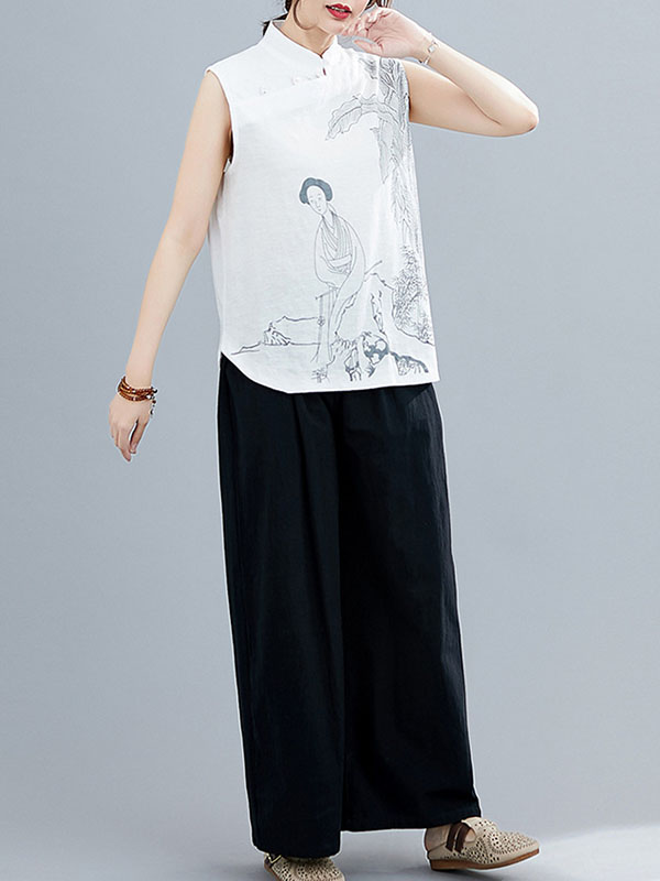xakxx Artistic Retro Chinese-Style Printed Buttoned Stand Collar Sleeveless Vest