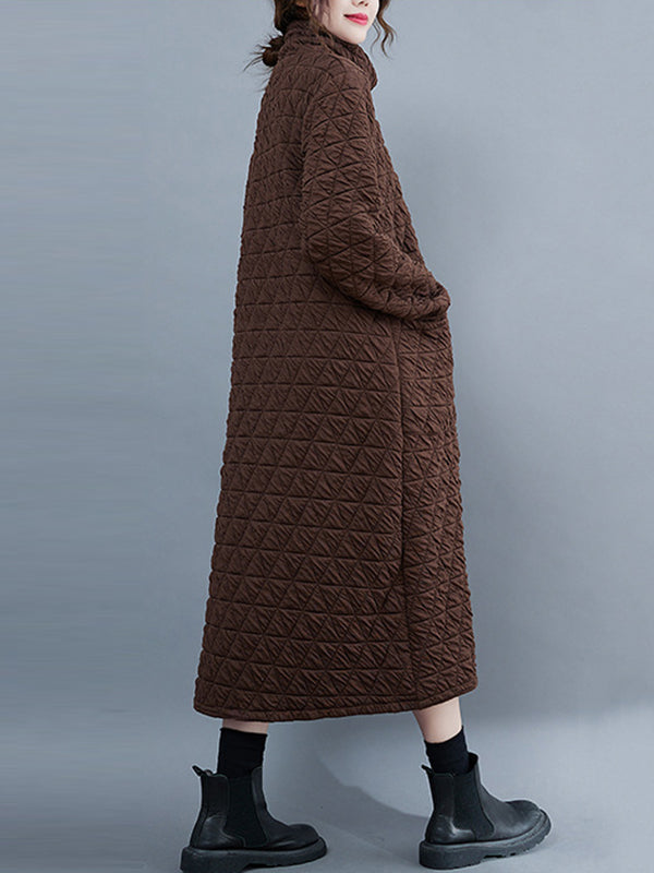xakxx Casual Long Sleeves Loose Solid Color Textured High-Neck Cotton Padded Midi Dresses