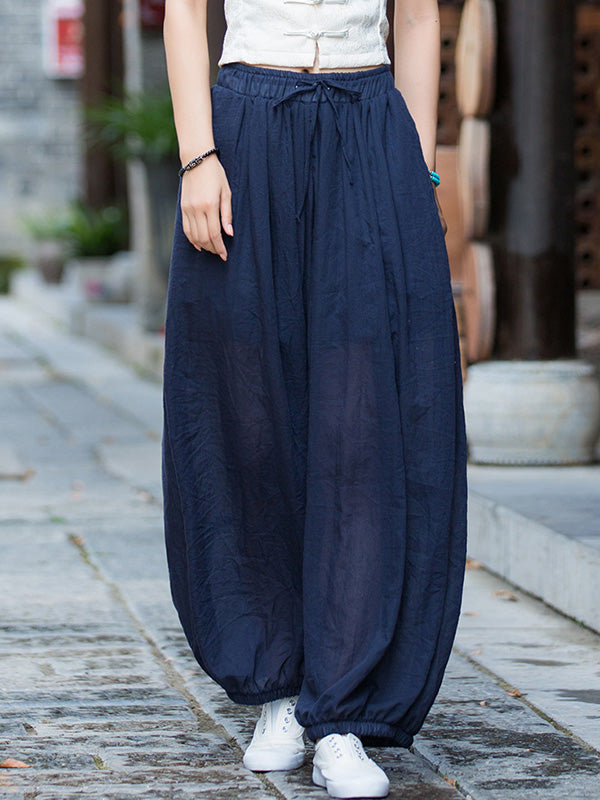 xakxx Vintage Wide Leg Loose Solid Color Bloomers Pants