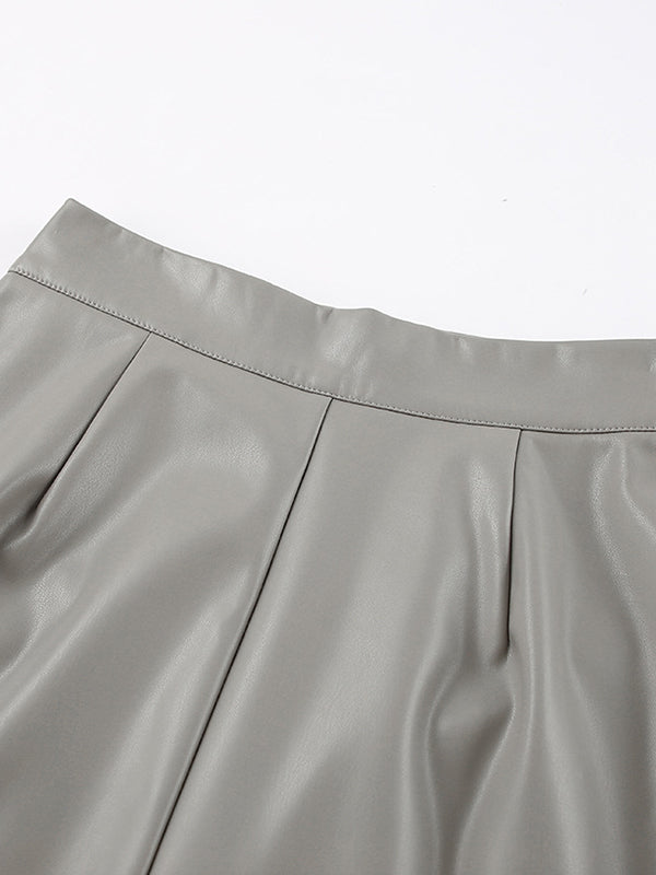 xakxx Skinny Solid Color Split-Back Split-Joint PU Skirts