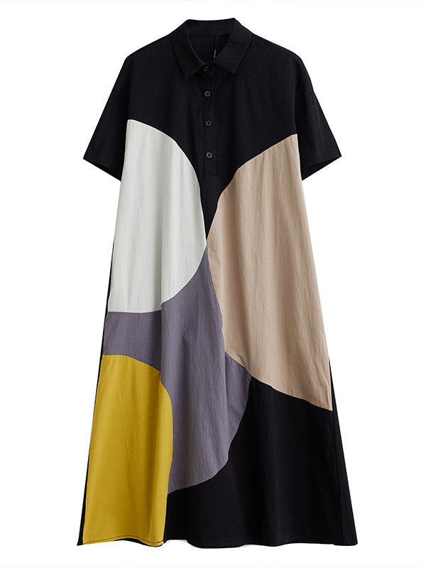 xakxx Loose Oversize Color-Block Contrast Color Split-Joint Lapel Midi Dresses Shirt Dress