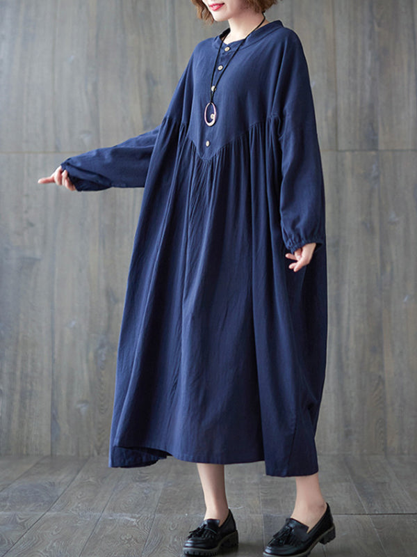 xakxx Loose Puff Sleeves Pleated Solid Color Stand Collar Midi Dresses