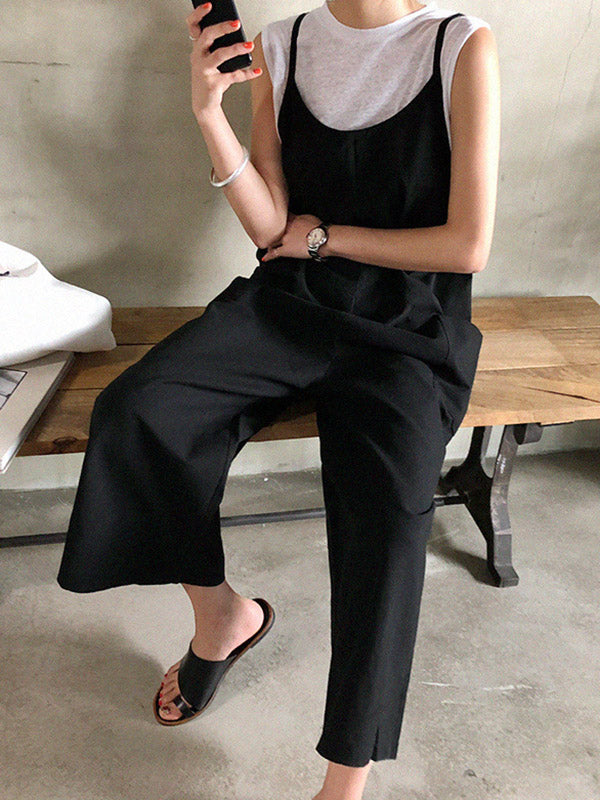 xakxx Black&Khaki Casual Spaghetti-Neck Loose Wide-Leg Overalls