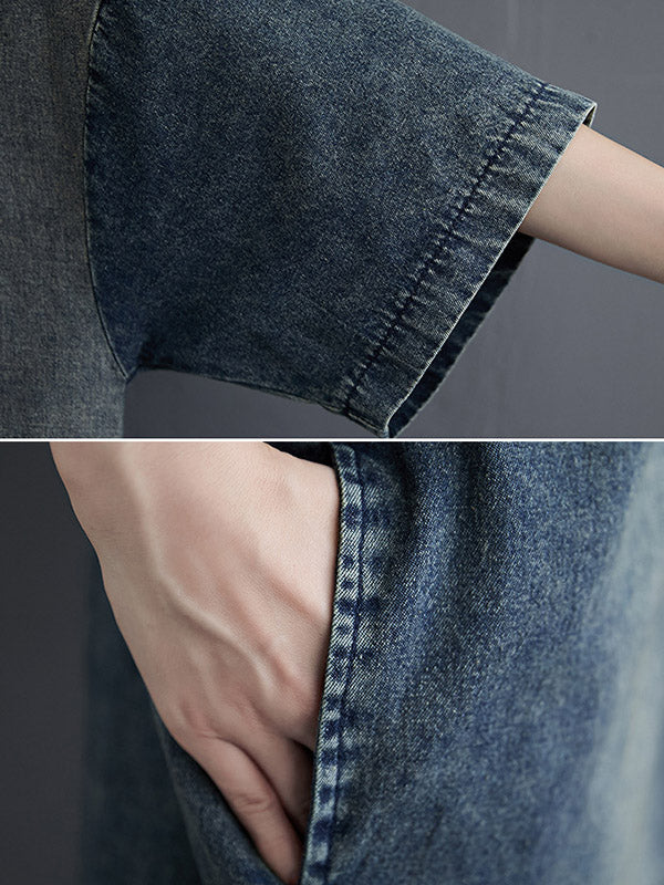 xakxx Denim Split-Joint Plus Size Half Sleeve Lapel Shirt Dress