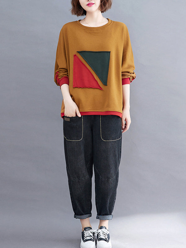 xakxx Artistic Retro Loose Triangle Applique Contrast Color Round-Neck Long Raglan Sleeves Sweatshirt