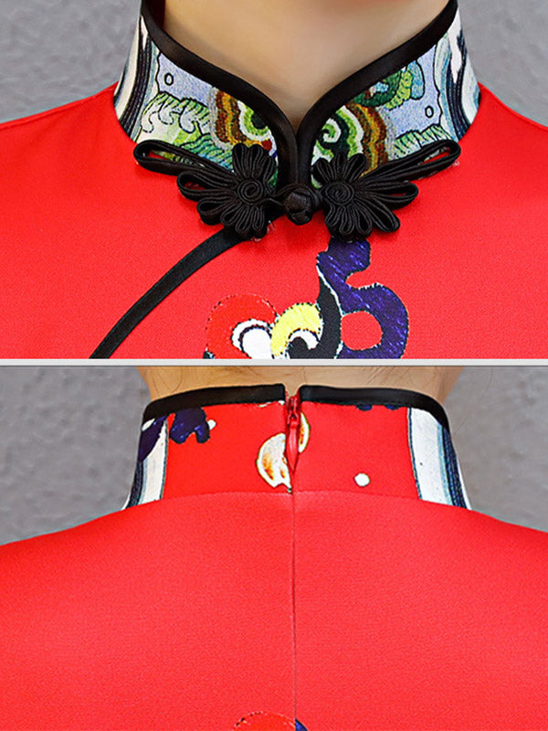 xakxx Red Split-Joint Seven-Quarter Sleeves Ao Dai Long Cheongsams