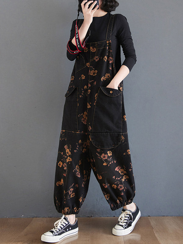 xakxx Original Floral With Pocket Harem Denim Overalls
