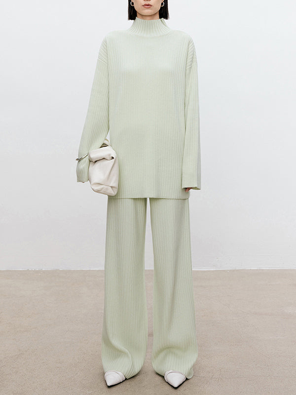 xakxx xakxx-Solid Color Long Sleeves High-Neck Sweater Top + Wide Leg Pants Bottom Two Pieces Set
