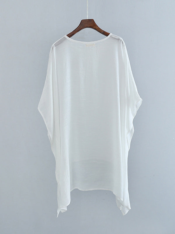xakxx Half Sleeves High-Low See-Through Solid Color Round-Neck Blouses