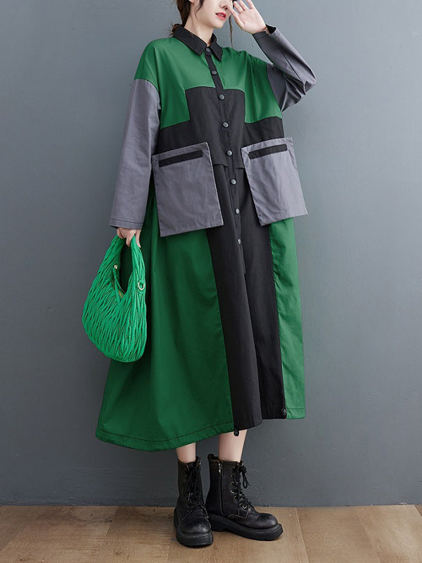 xakxx Vintage Loose Long Sleeves Contrast Color Polo Midi Dresses
