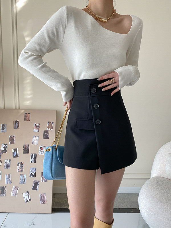 xakxx High Waisted Irregular Clipping Solid Color Culotte Shorts Bottoms