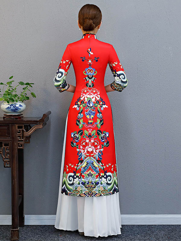 xakxx Red Split-Joint Seven-Quarter Sleeves Ao Dai Long Cheongsams